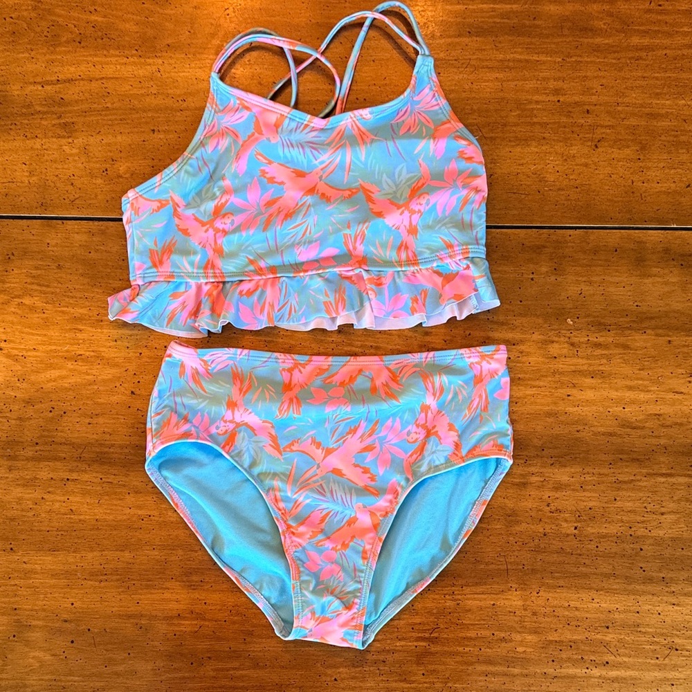 Cat & Jack Coral & Aqua Floral Ruffle Tankini Set